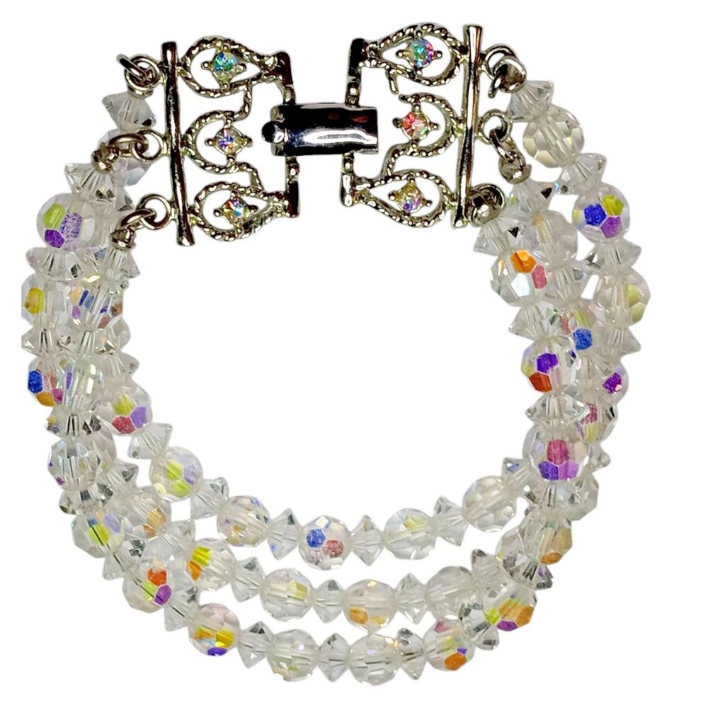 CORO Signed Vintage Aurora Borealis Crystal Bracelet Silver Tone Fold Over Clasp